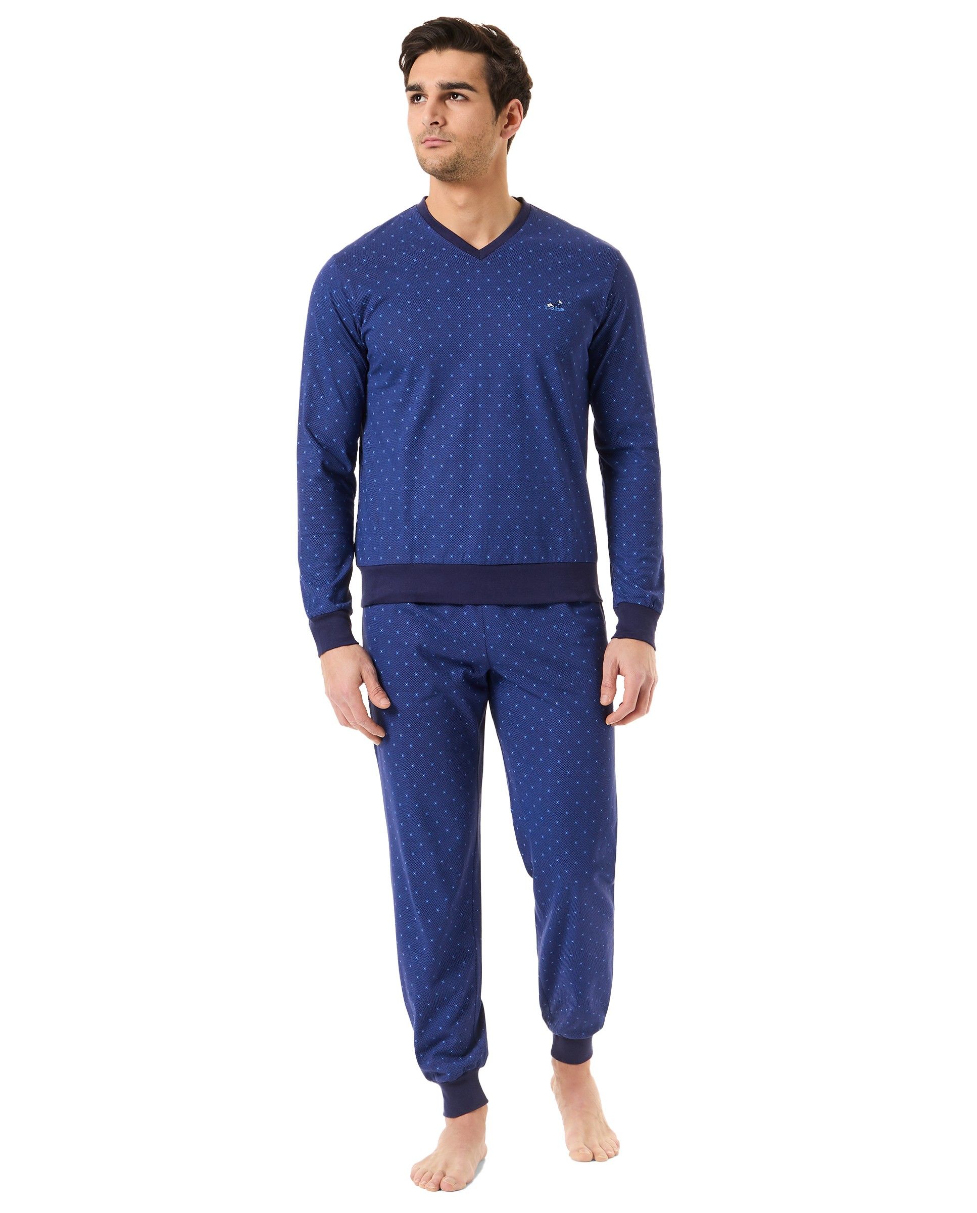Hombre con pijama de manga larga tejido punto corbatero azul