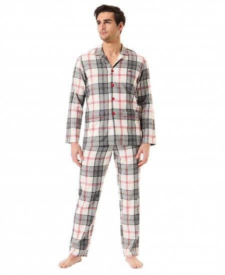 Man in open checkered winter pyjamas