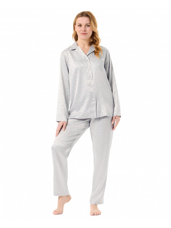 Woman in long open satin jacquard pyjamas