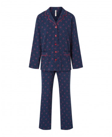 Lohe women's pyjamas, fir tree print, open jacket with buttons, piping, pockets and long trousers.