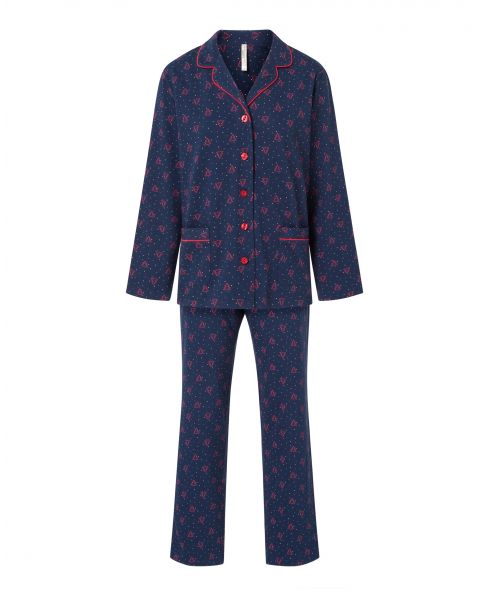 Pijama largo Lohe de mujer, estampado navideño, chaqueta abierta con botones, vivo, bolsillos y pantalón largo.