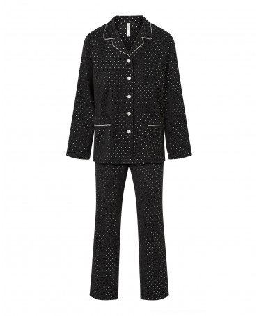 Pijama largo Lohe de mujer, estampado topos plata, chaqueta abierta con botones, vivo, bolsillos y pantalón largo.