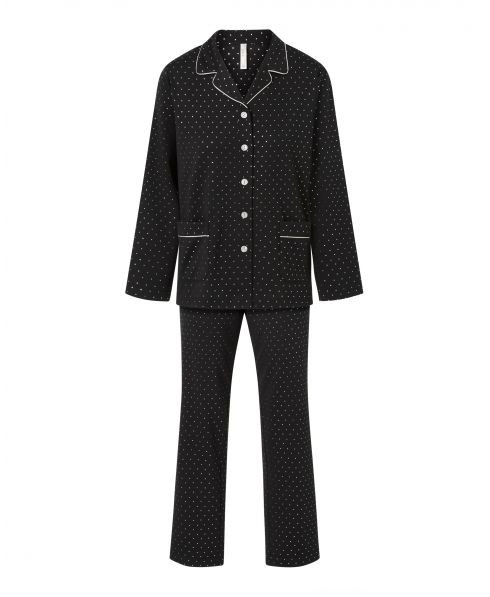 Pijama largo Lohe de mujer, estampado topos plata, chaqueta abierta con botones, vivo, bolsillos y pantalón largo.