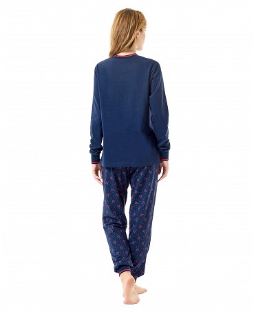Rear view of women's Christmas pyjamas with long blue sleeves and red Christmas details