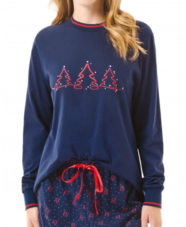 Long-sleeved pyjama jacket in blue with closed cuffs and collar, Christmas print in red