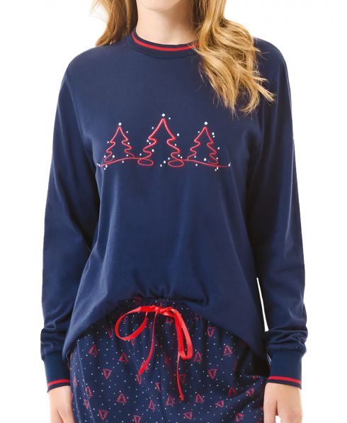 Chaquetilla de pijama de manga larga color azul con puños y cuello cerrado, estampado navideño en rojo