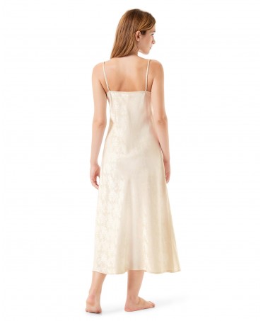 Rear view of long nightdress with straps in cava jacquard colour, Christmas special