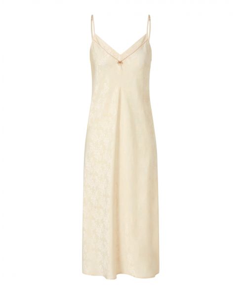 Long nightdress in champagne-coloured jacquard fabric, thin straps, V-neck, piping with matching bow.