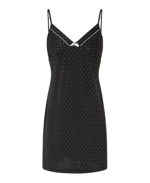 Lohe women's short nightdress, silver polka dot print, V-neck, thin straps with bow trimming