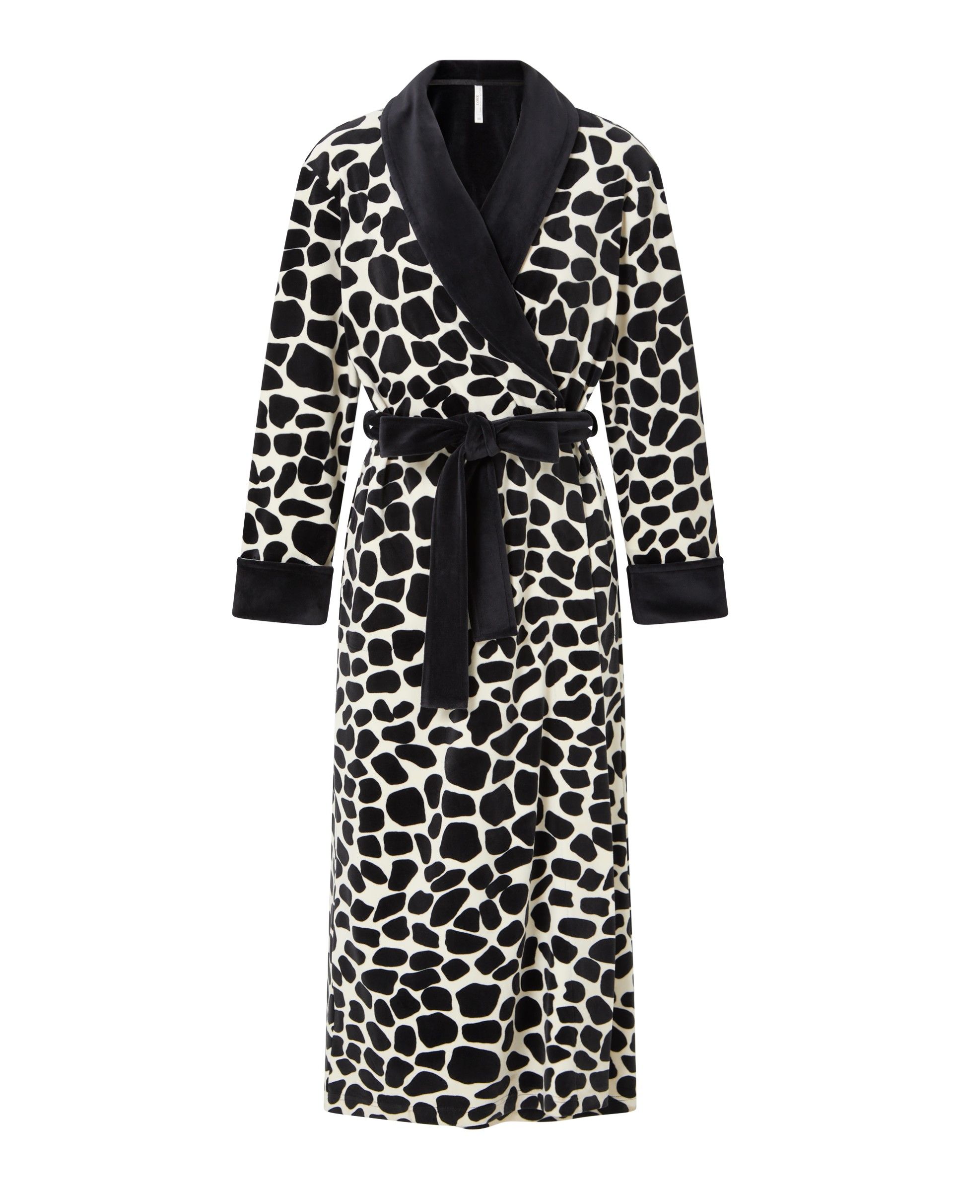 Lohe women's long smocking coat, animal print velvet fabric, contrasting collar, cuffs and belt.