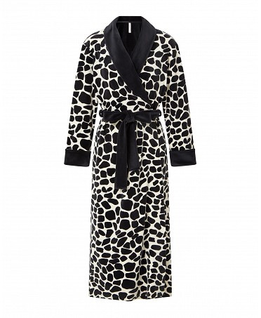 Lohe women's long smocking coat, animal print velvet fabric, contrasting collar, cuffs and belt.