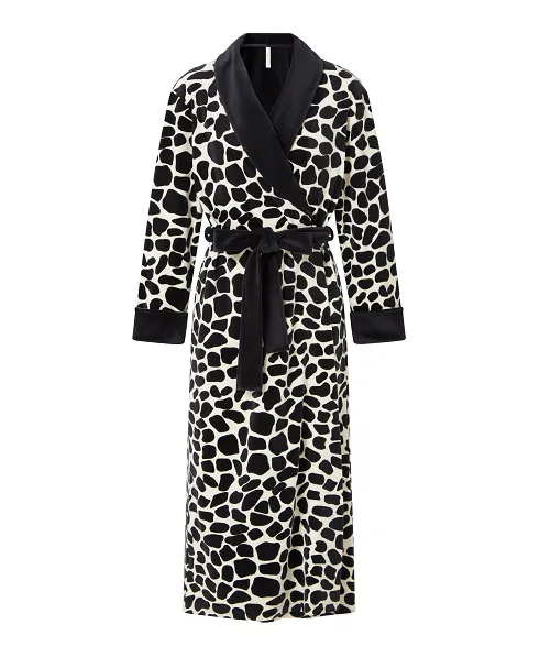 Lohe women's long smocking coat, animal print velvet fabric, contrasting collar, cuffs and belt.