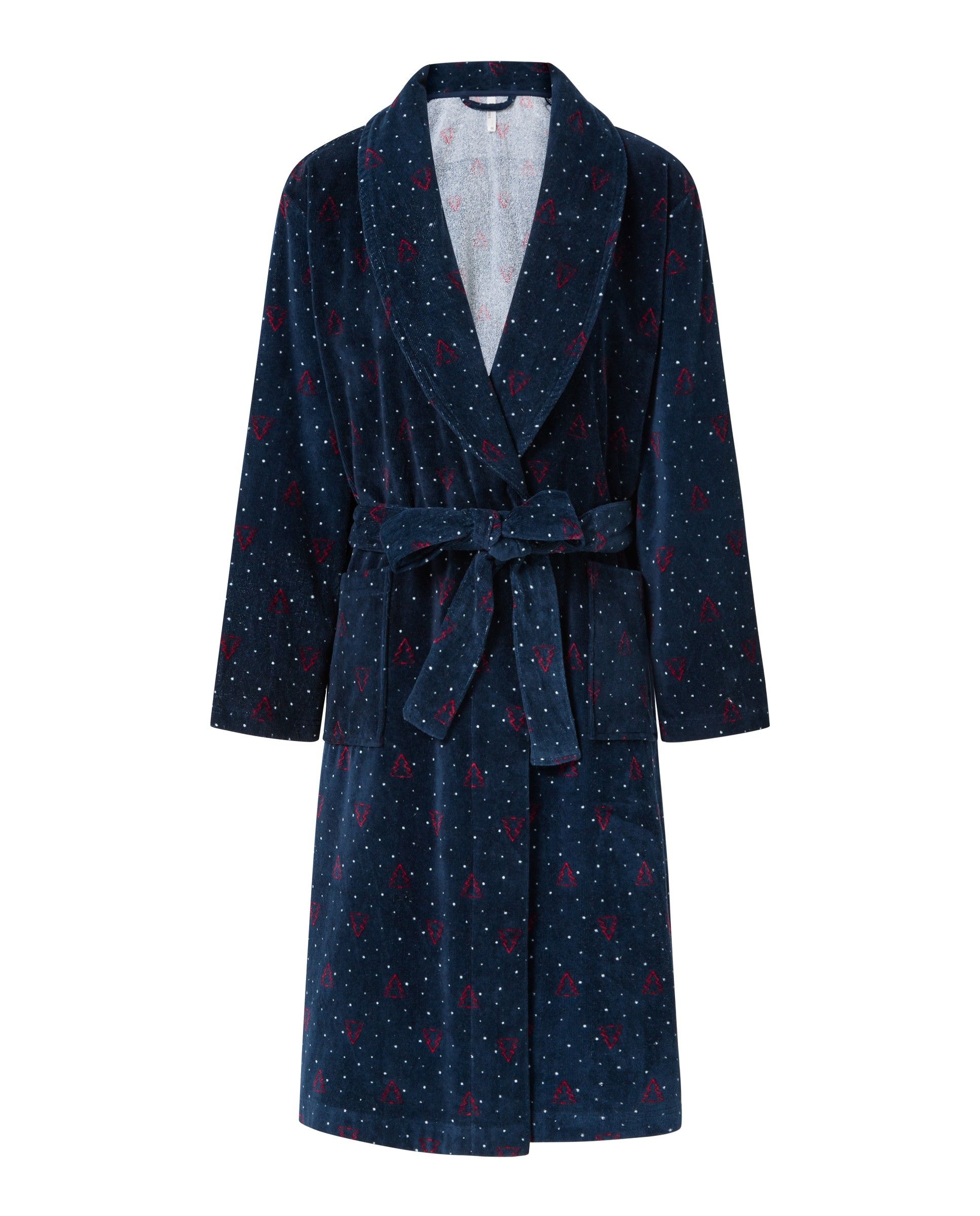 Lohe women's long smocking bathrobe with cross over, fir tree print.