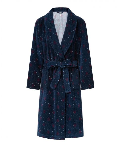 Lohe women's long smocking bathrobe with cross over, fir tree print.