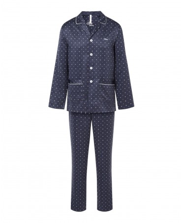 Lohe men's long pyjamas, satin fabric, open jacket with buttons, piping, pockets and long trousers.