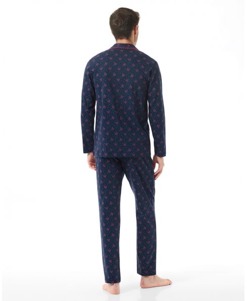 Rear view of long Christmas pyjamas in blue and red fir tree print