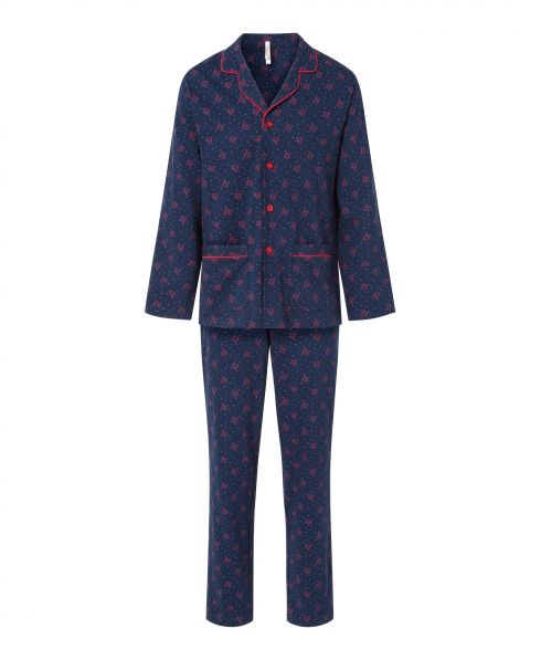 Pijama largo Lohe de hombre, estampado abetos, chaqueta abierta con botones, vivo, bolsillos y pantalón largo.