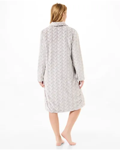 Women's long brown jaquard buttoned coat in plaited fabric with side pockets