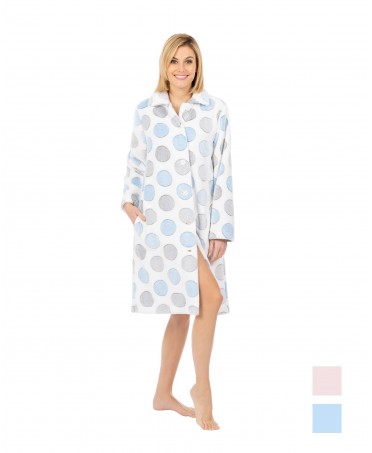 Women's long buttoned winter dressing gown flannel circles sky blue