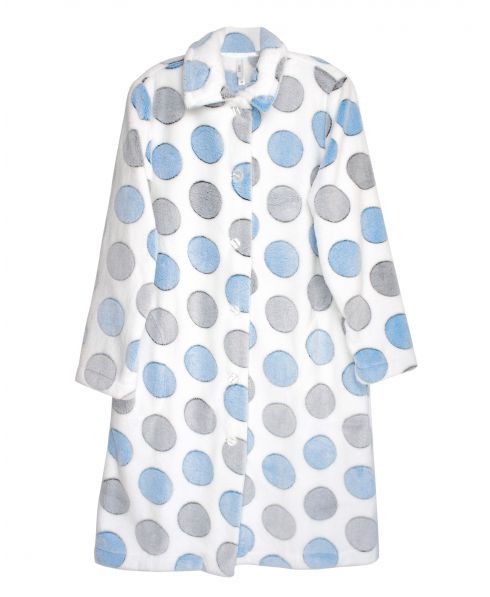 A long-sleeved buttoned flannel dressing gown with side pockets in a blue and white polka dot print.