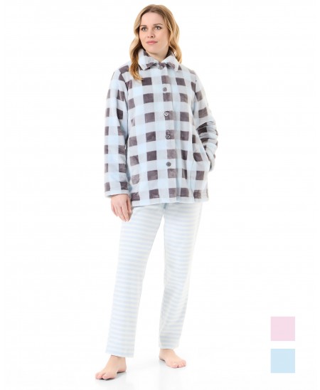 Woman in light blue checked women's short dressing gown
