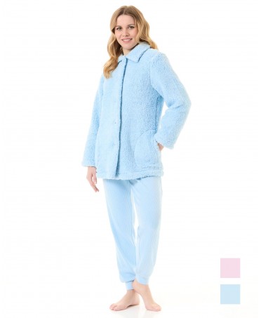 Woman in light blue melange sheepskin short winter coat