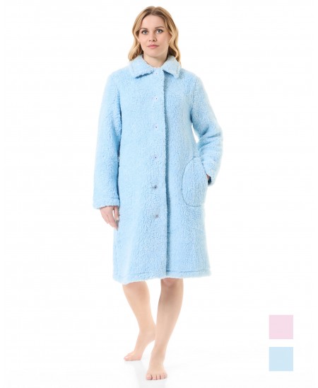 Women's long open winter coat in light blue melange fleece