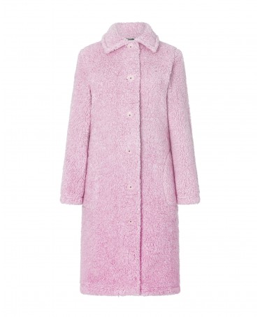 Lohe women's long coat, in plain sheepskin, open with buttons, long sleeves, with pink side pockets.