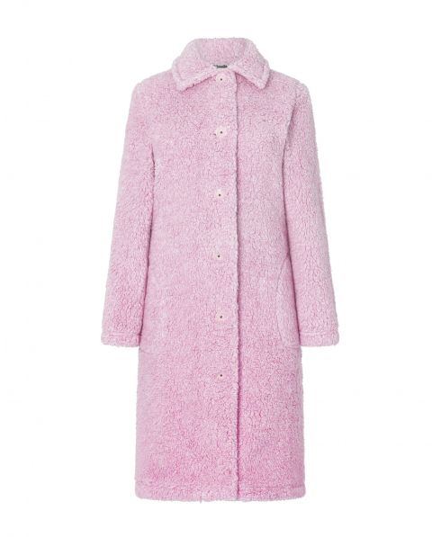 Lohe women's long coat, in plain sheepskin, open with buttons, long sleeves, with pink side pockets.