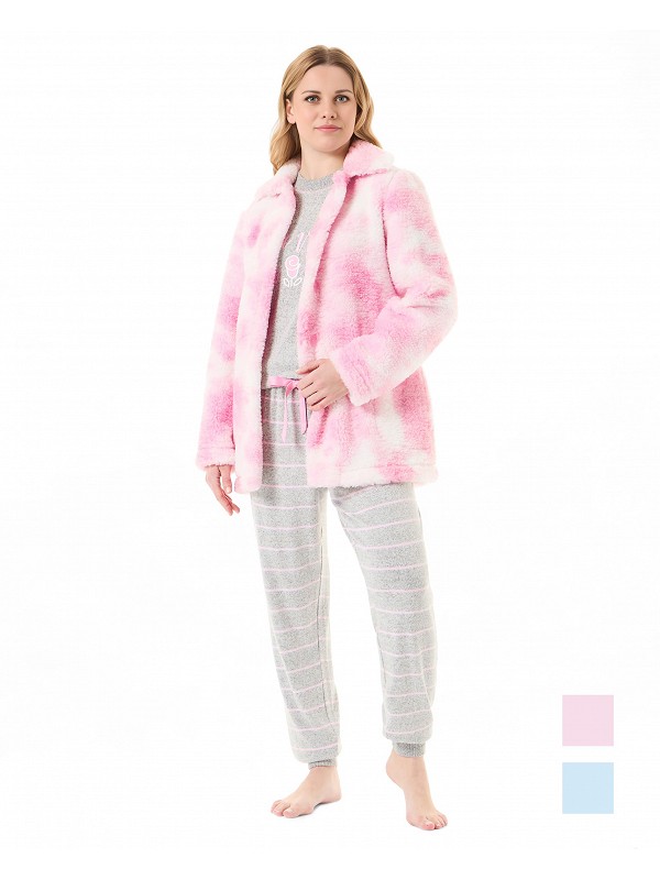 Woman in pink three-piece set in sheepskin and striped pyjamas