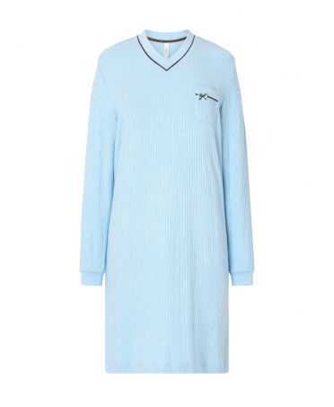 Lohe women's long nightdress, in light blue plain ribbed fabric, long sleeves and V-neck.