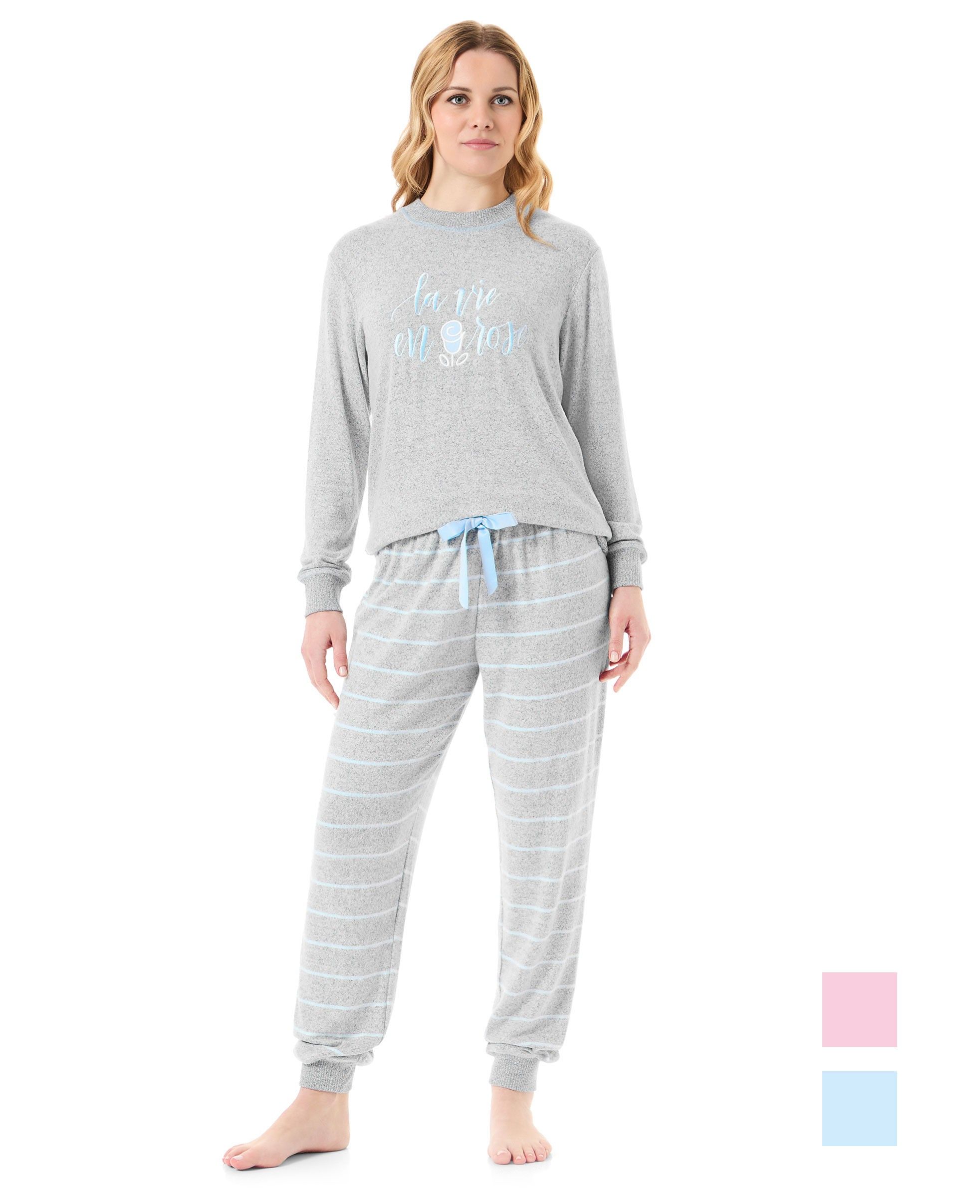 Women's long pyjamas, long sleeves, cuffs and round neck with striped long trousers