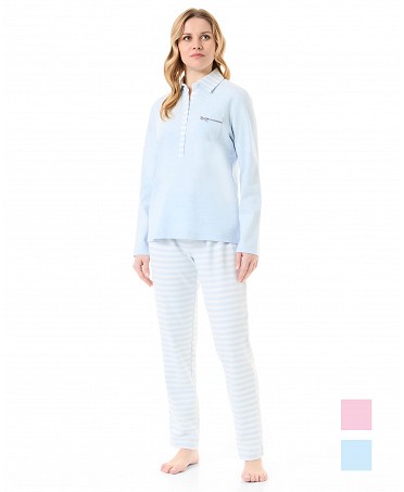 Women's long-sleeved winter pyjamas long-sleeved jacket with open polo neck in light blue stripes