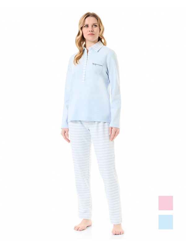Women's long-sleeved winter pyjamas long-sleeved jacket with open polo neck in light blue stripes