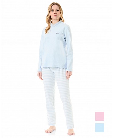 Women's long pyjamas plain jacket light blue V-neck vigore stripes