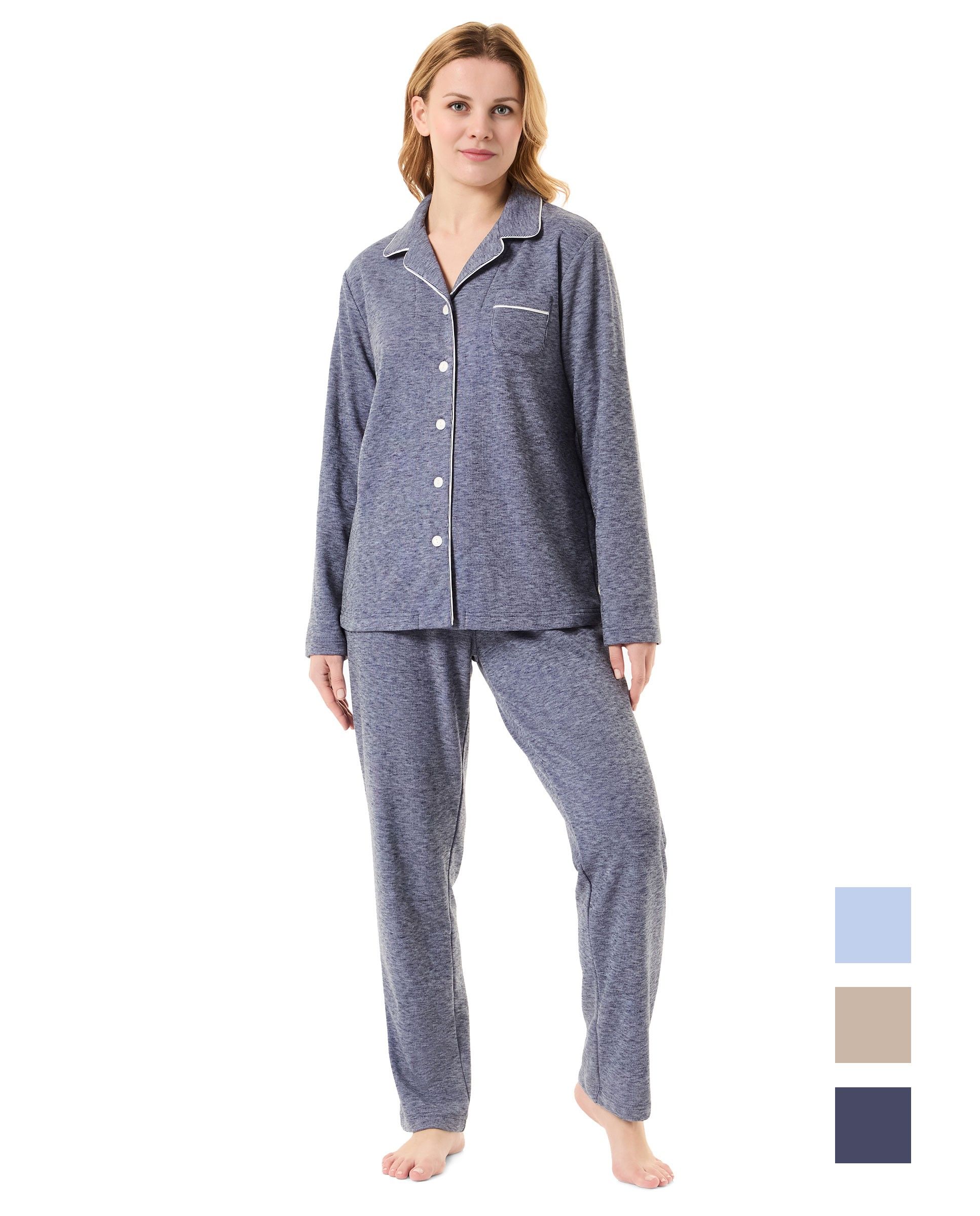 Women's navy long pyjamas with long sleeve jacket, open with buttons with piping, and long trousers with piping.