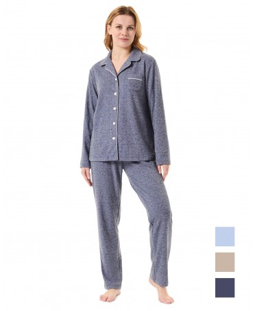 Pijama largo marino de mujer con chaqueta manga larga, vigoré abierta con botones con vivo y pantalón vigoré largo.