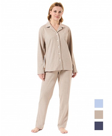 Women's brown long pyjamas with long sleeve jacket, open with buttons with piping, and long trousers with piping.