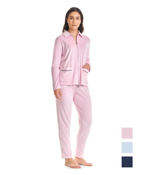Women's pink velour tracksuit open with zip and pockets