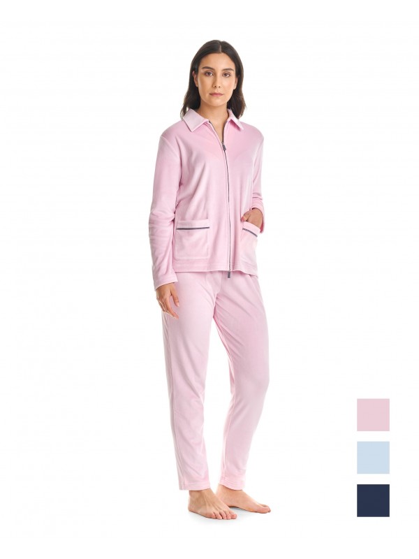 Women's pink velour tracksuit open with zip and pockets
