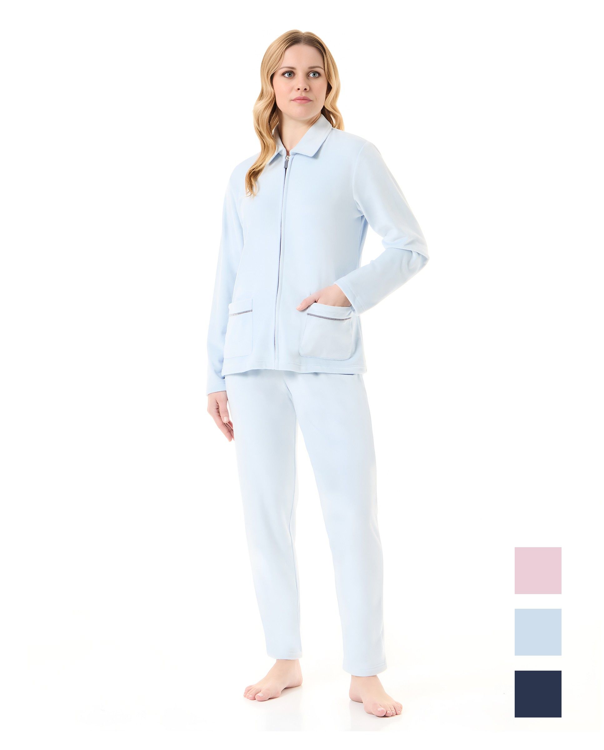 Woman in light blue velvet tracksuit open with zip and pockets
