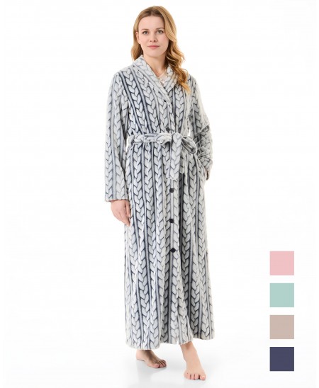 Woman in long navy braid woven dressing gown, open with buttons, belt and side pockets.