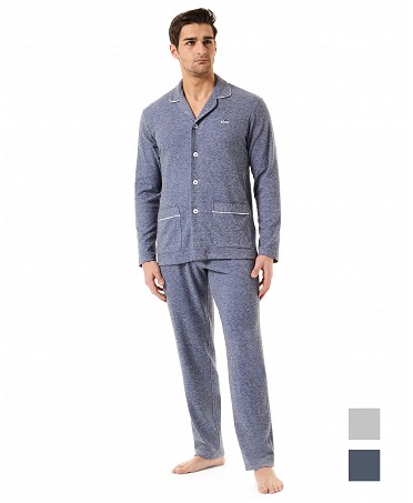 Hombre con pijama de manga larga liso con vivo color azul