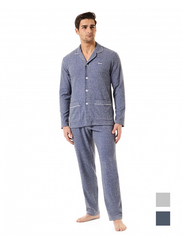Man in long-sleeved plain pyjamas with blue piping