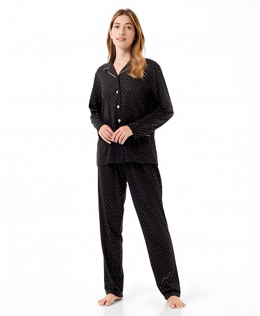 Women's long shirt pyjamas with pockets, Christmas special with polka dot print and silver details.