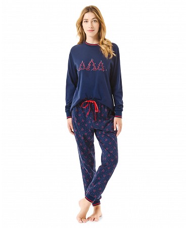 Women's long-sleeved pyjamas with closed collar and cuffs in blue with Christmas motifs and red details.
