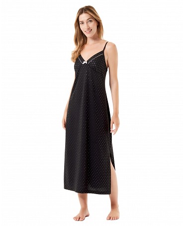 Long black strapless nightdress with V-neckline and silver polka dots, bow detail and silver piping
