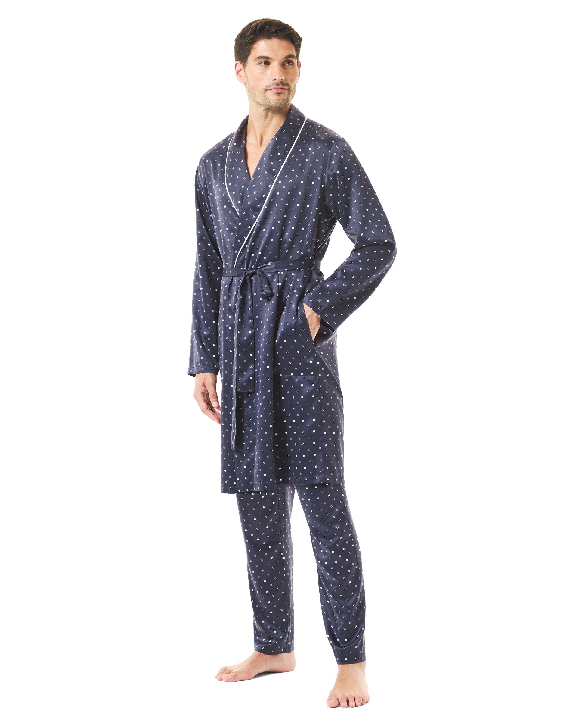 Men's short blue satin double-breasted coat with Christmas polka dot pattern, pockets and contrasting piping detail.