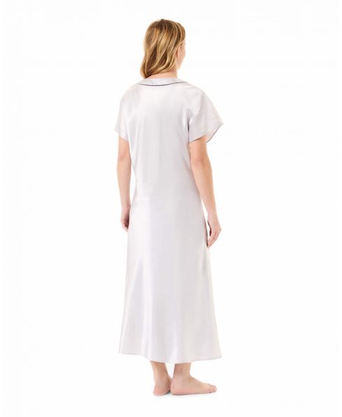 Rear view of grey satin short-sleeved nightgown, Christmas special