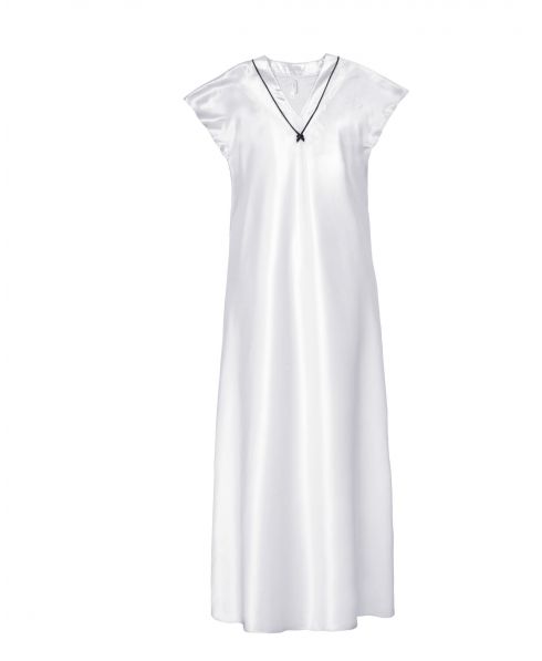 Long grey satin nightdress with V-neck and contrasting velvet trim and bow.